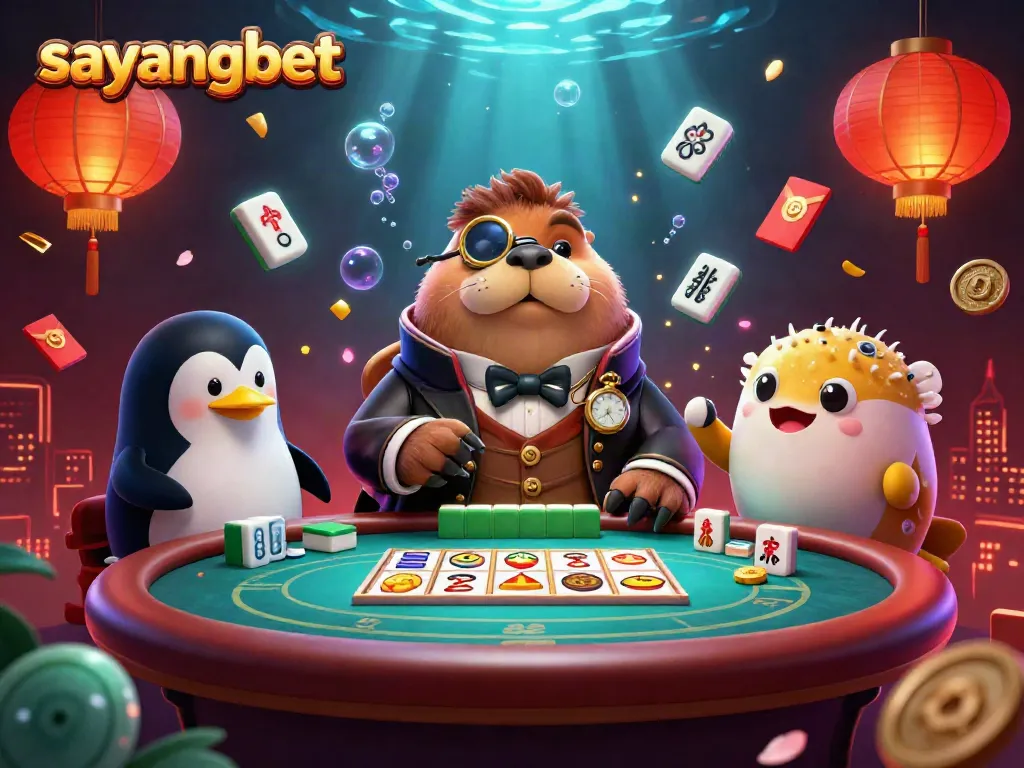 Experience thrilling gameplay at Sayangbet with a vibrant scene of a walrus, penguin dealer, and a bluffing pufferfish.