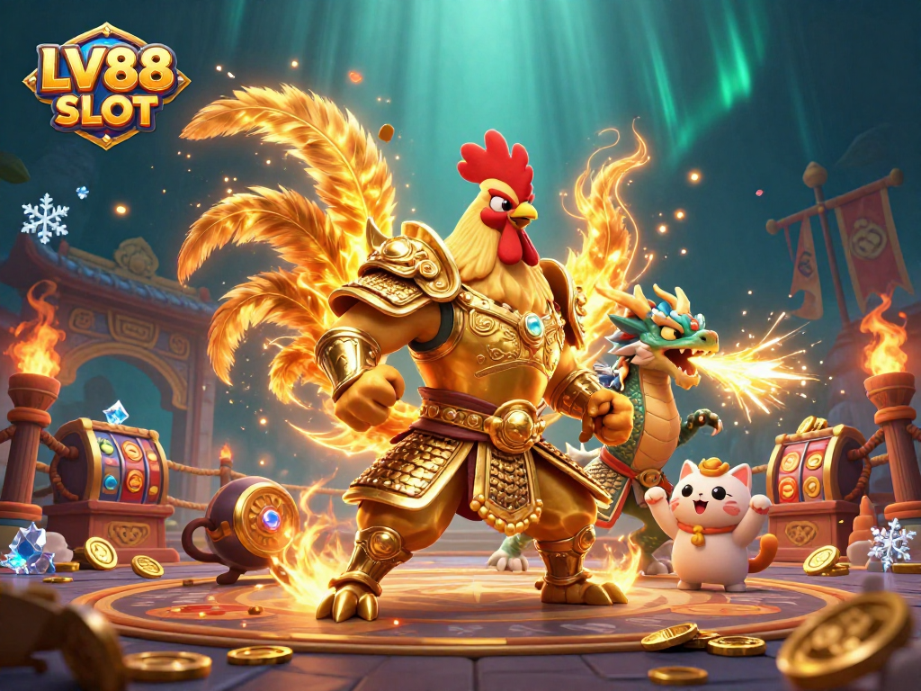 Experience the thrilling action of LV88 SLOT with a dynamic 3D illustration showcasing courageous characters in battle amidst slot game elements.