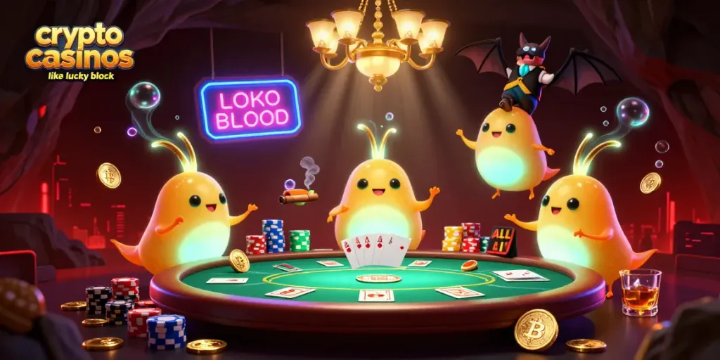 Experience the excitement of crypto casinos like lucky block with glowing animated characters in a vibrant casino scene.