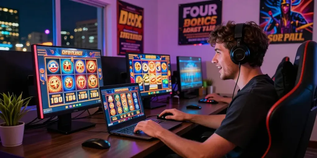Exciting player enjoying a slot game on a laptop with vibrant graphics and casino atmosphere.