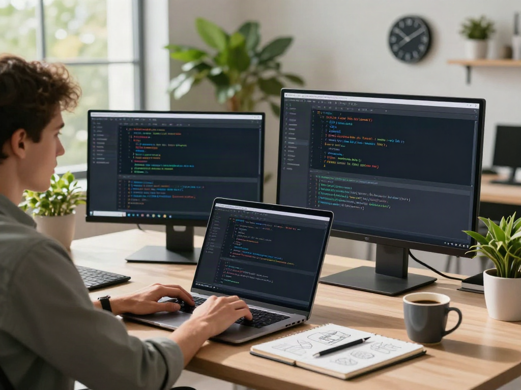 Brave browser workspace with tech professional coding in an inspiring environment.
