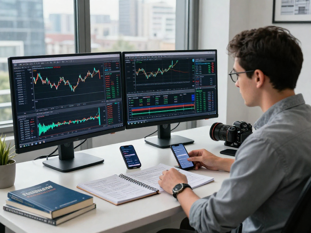 TradingView analysis workspace featuring a trader engaged with dual monitors and financial charts in a modern setting.