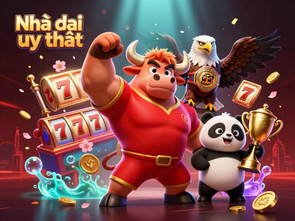 Experience the excitement of Nhà cái uy tín with a bull mascot, eagle, and panda amidst lucky gaming symbols.