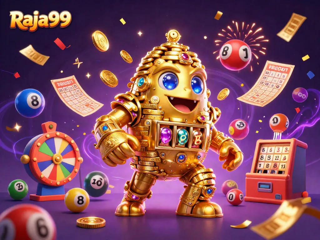 Raja99 memberikan pengalaman bermain slot online dengan simbol mesin, koin emas, dan lotere berwarna.