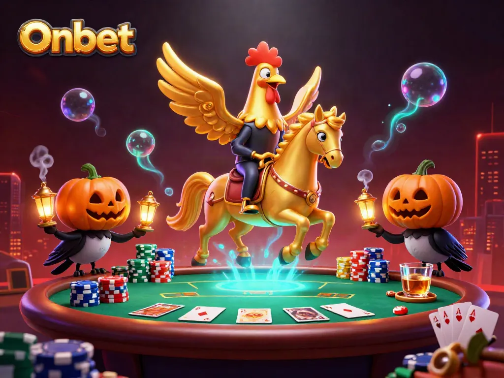 Onbet showcases a golden rooster and spectral horse in a vibrant casino scene, capturing the thrill of gaming.