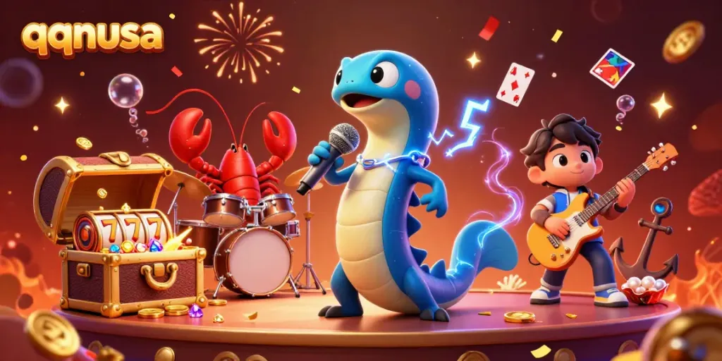 Engage with the lively underwater casino scene featuring qqnusa's energetic electric eel DJ surrounded by gold coins.