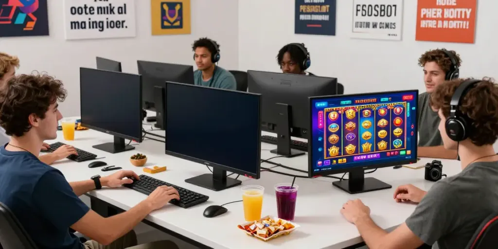 PESGSLOT online gaming scene with diverse players enjoying vibrant slot games on mobile devices.
