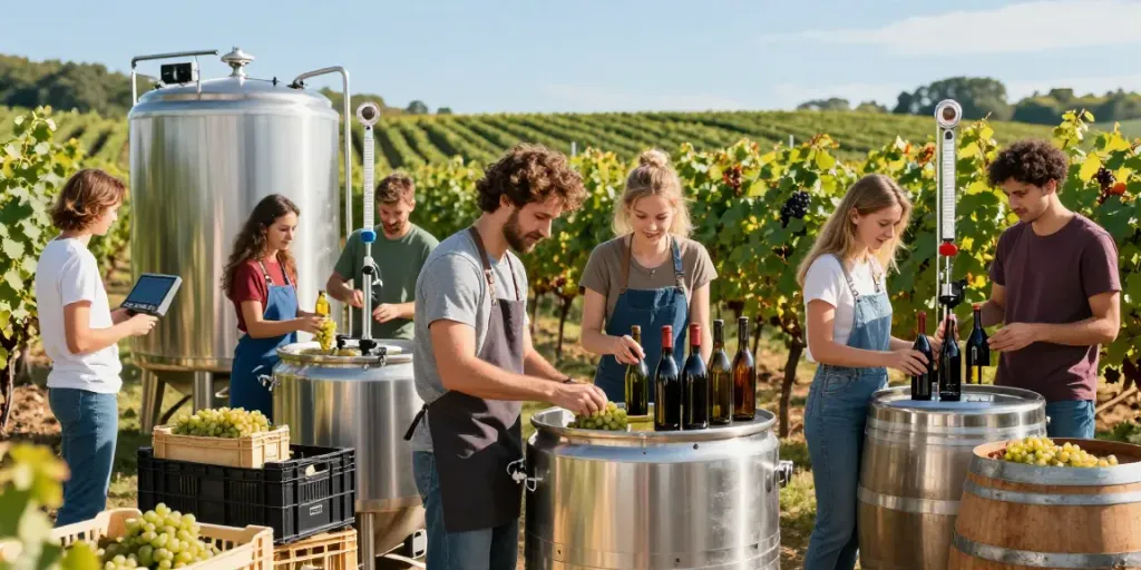 Young winemakers at avpwinecollective.com collaborating in a vibrant vineyard.