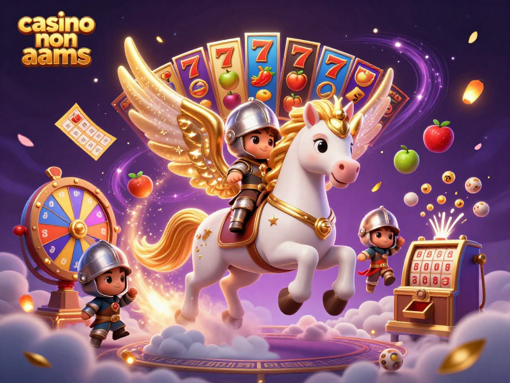 Illustrazione 3D di un cavallo celestiale con un cavaliere, insieme a elementi del casino non aams.