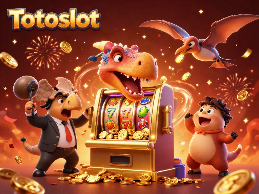 Slot Totoslot menampilkan dinosaur kepala memukul mesin slot emas, menghasilkan koin jackpot.