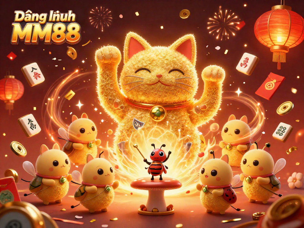 Engage in Đăng nhập MM88 with a vibrant scene featuring a lucky cat amidst celebratory casino symbols.