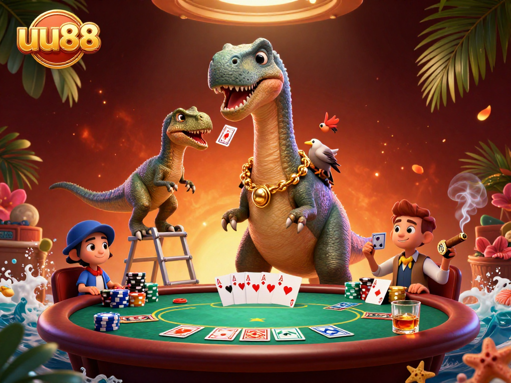 Experience thrilling poker excitement with uu88 as a dinosaur dealer and vibrant casino elements.