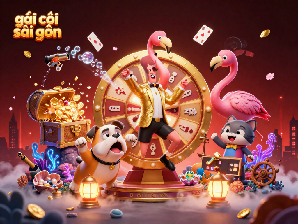 A vibrant depiction of gái gọi sài gòn in a lively casino scene with cartoon characters and treasure elements.