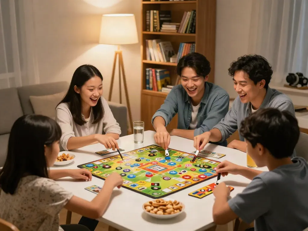 Engaging game night at home with family, featuring a board game collection and joyful interactions.