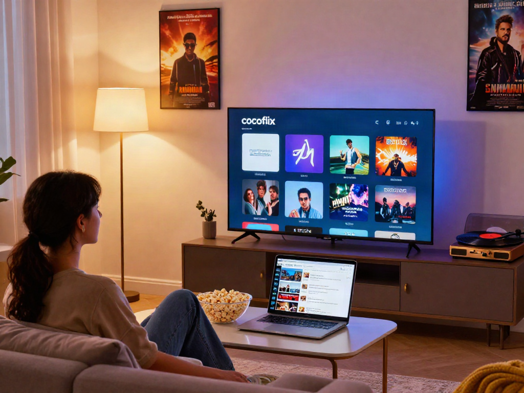 Enjoying cocoflix on a stylish home media setup with popcorn and cozy lighting.