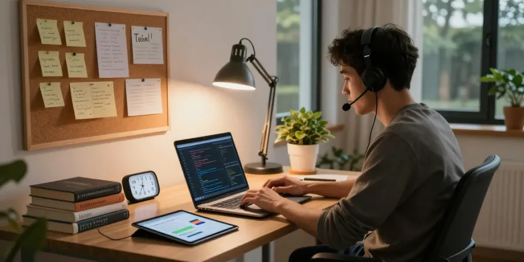 Pengembang menggunakan PGserver di kantor rumah modern dengan nuansa nyaman dan fokus.