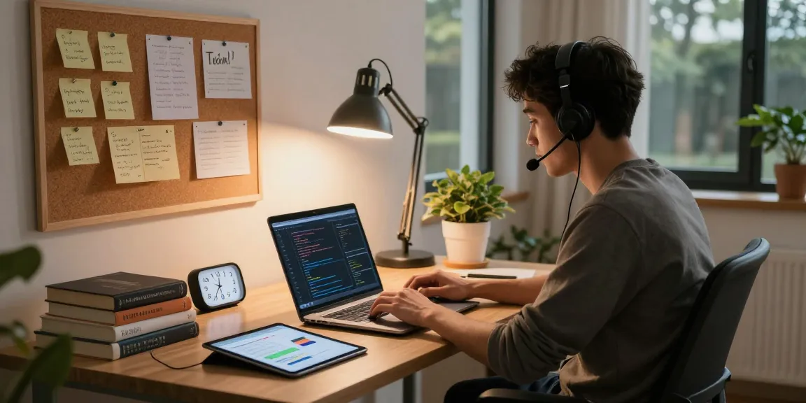 Pengembang menggunakan PGserver di kantor rumah modern dengan nuansa nyaman dan fokus.