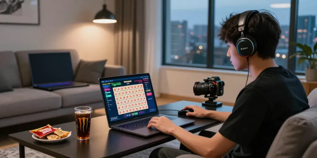 Pengguna Bandar Togel yang fokus bermain togel online dengan laptop di ruang tamu modern.