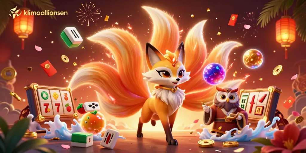 Experience the vibrant world of klimaalliansen with this dynamic gaming illustration featuring a colorful fox spirit and owl, amidst rich casino elements.