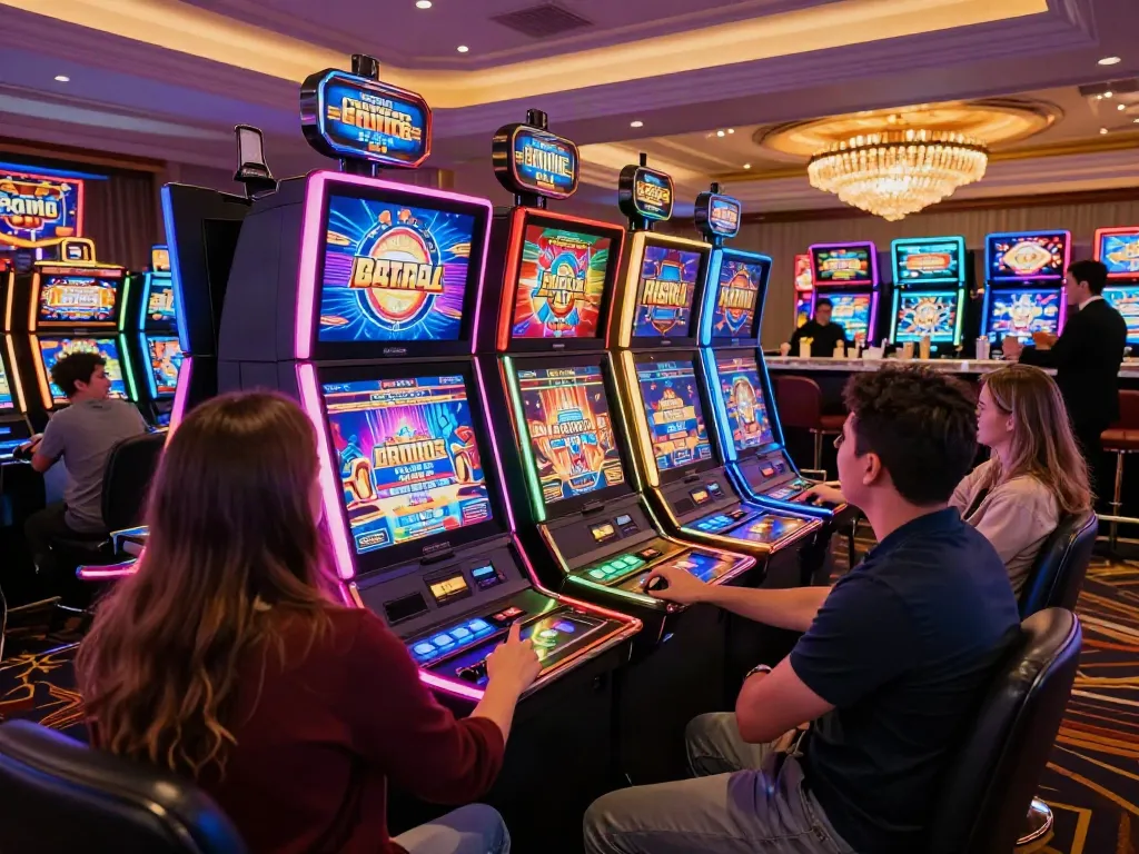 Exciting casino scene with players engaged at modern slot machines, showcasing vibrant energy.