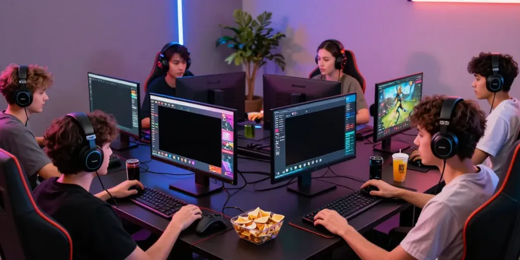Engaging gaming community scene showcasing cika4d players around modern gaming setup with vibrant screens.