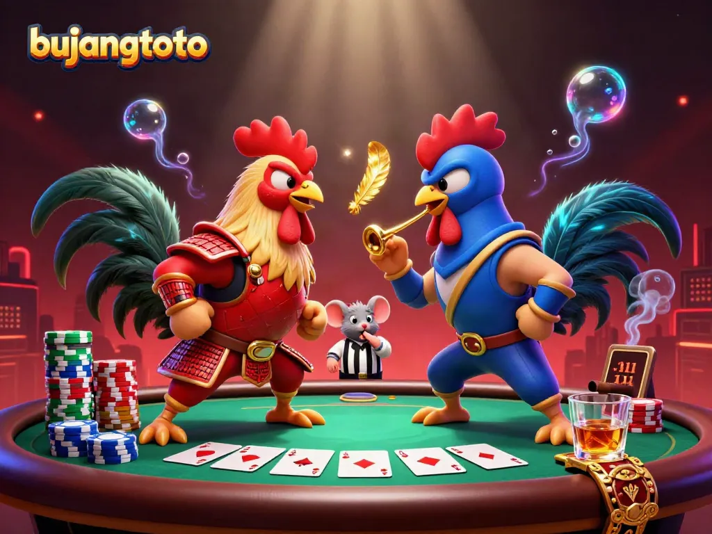 Experience thrilling poker action with bujangtoto's fighting roosters and colorful casino elements.