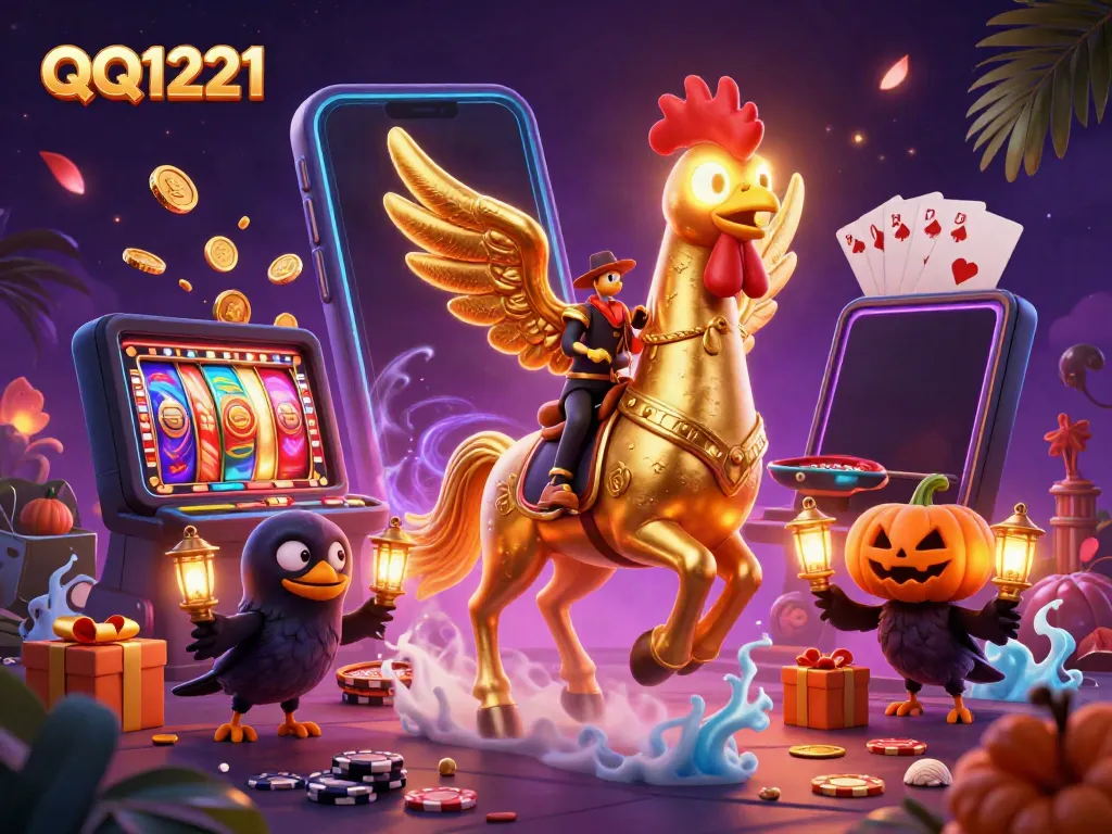 Experience exciting wins with QQ1221 in a vibrant casino scene illustrated in 3D.
