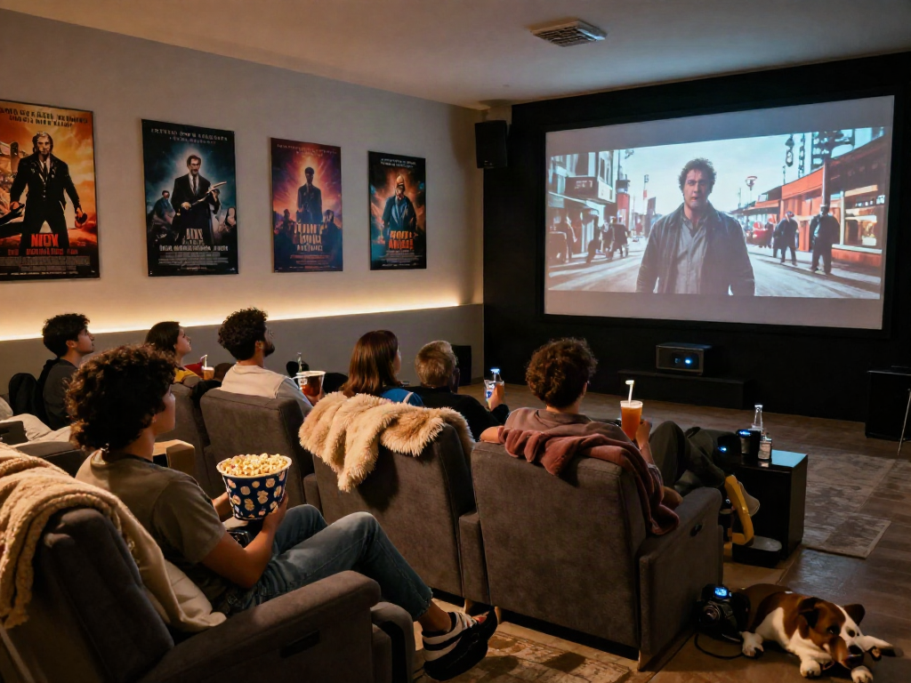 Gathering of friends enjoying Moviebox film night in cozy home theater.