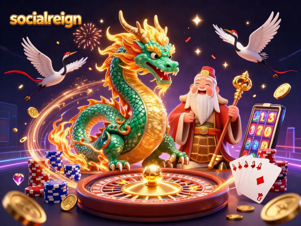 Engage with socialreign's exciting casino adventure featuring an emerald dragon and dynamic game elements.