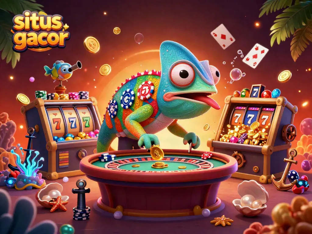 Engaging depiction of a chameleon casino owner amidst slot games, gold coins, and vibrant elements showcasing situs slot gacor.