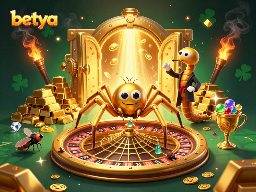 Experience the thrill of betya with a golden spider and centipede croupier in this vibrant casino scene.