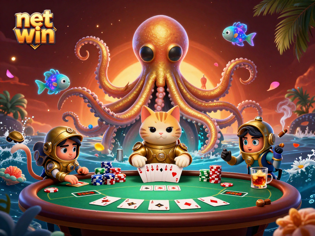 Experience the net win excitement with a colossal kraken, diving cat, and poker action!