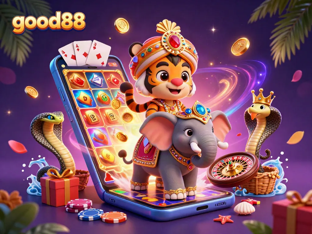 Spin the winning reels with good88 in a vibrant casino illustration featuring game elements and a majestic scene.