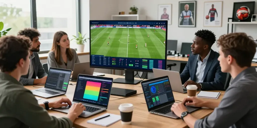 Football analysts reviewing live match data on tebakskor889.org in a modern office setting.