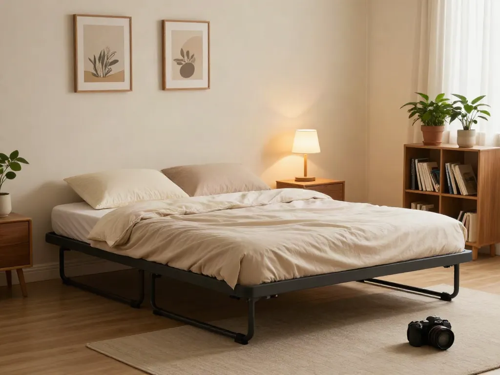 Stylish folding bed in a cozy bedroom setting with warm lighting and inviting decor.