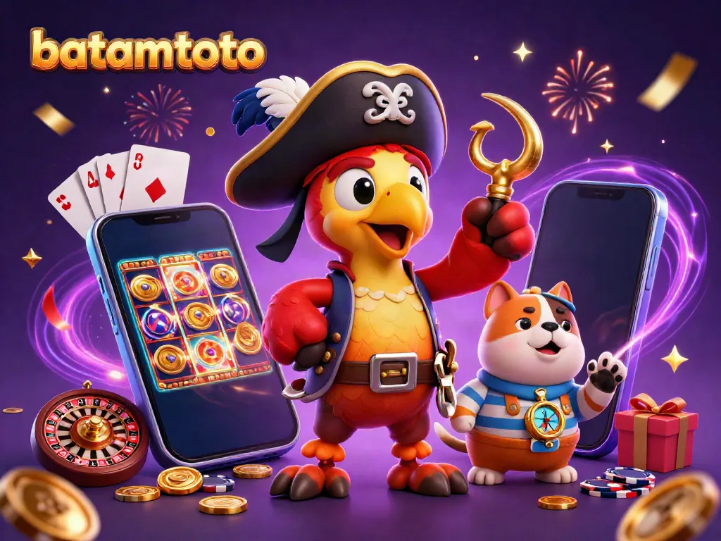 Experience exciting gaming actions with batamtoto's vibrant 3D pirate and casino-themed illustration.