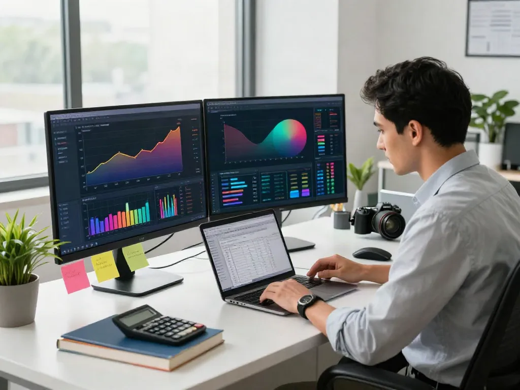 Bookkeeping services professional analyzing financial data in a bright office.