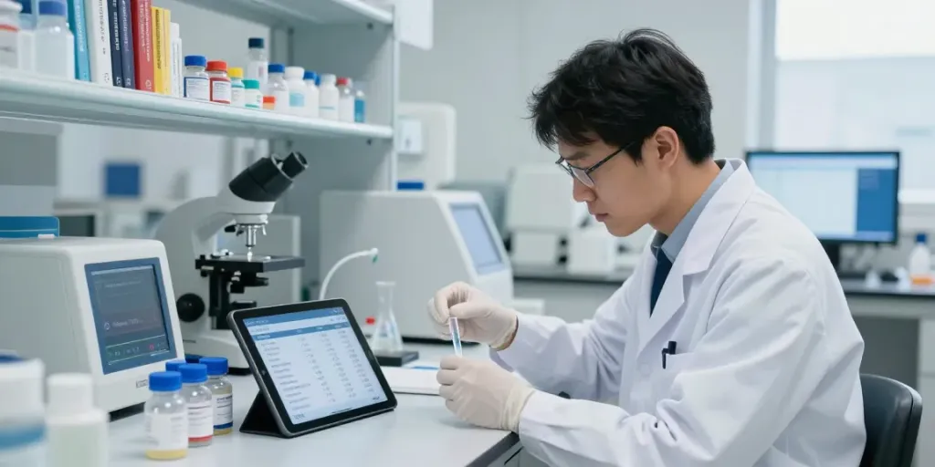 Scientist analyzing peptide price data in a modern lab setting.