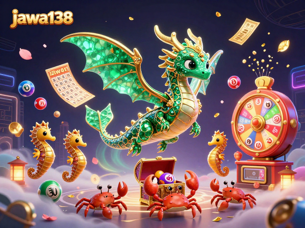 Engage with jawa138's vibrant lottery scene featuring a dazzling sea dragon amidst dynamic gambling elements.