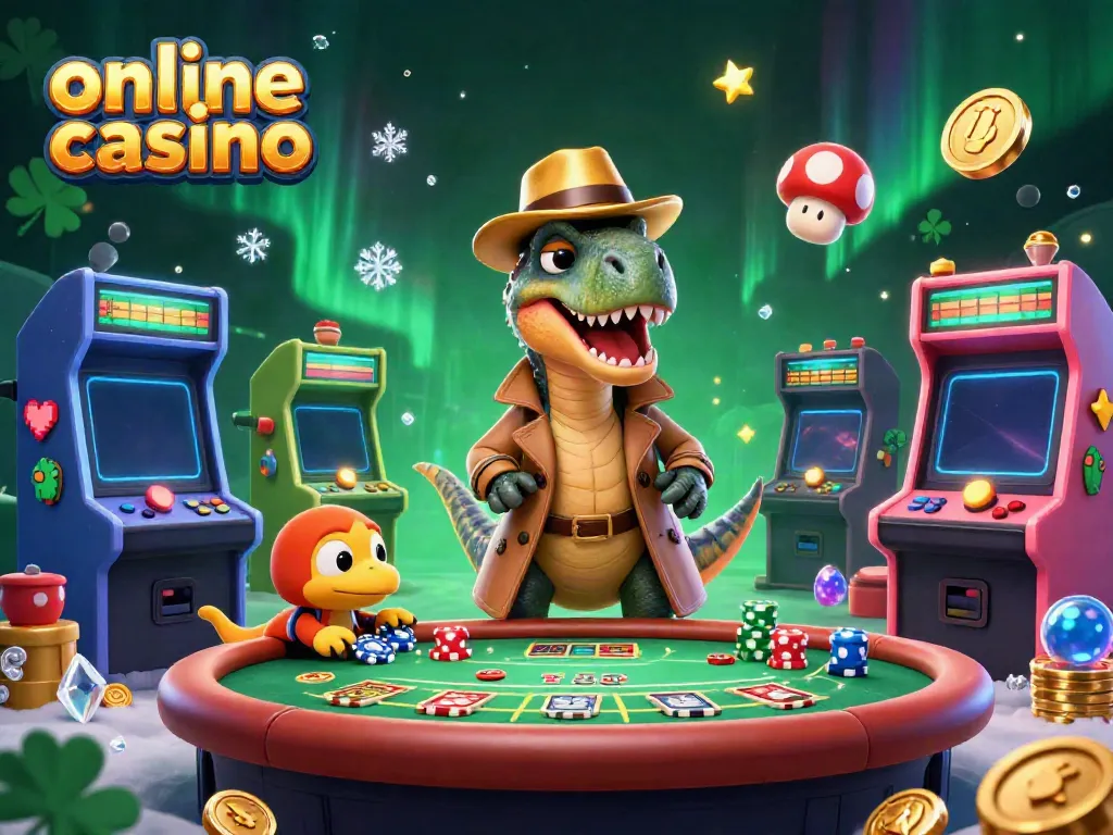 Experience the thrill of an online casino with playful dino characters and vibrant gaming elements.