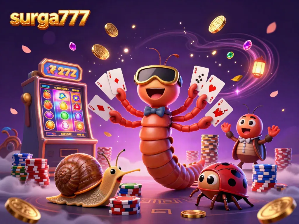 Experience the thrill of surga777 with a lively 3D illustration of a millipede dealer, colorful slot symbols, and vibrant chip stacks.