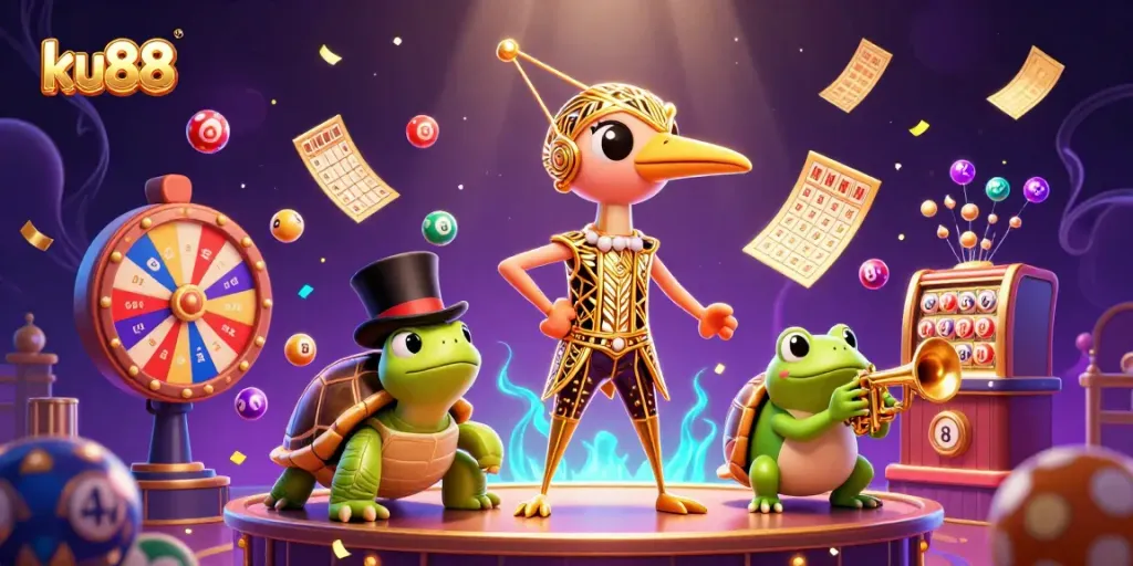 ku88 engages with a vibrant casino scene featuring colorful lottery elements and charming characters.