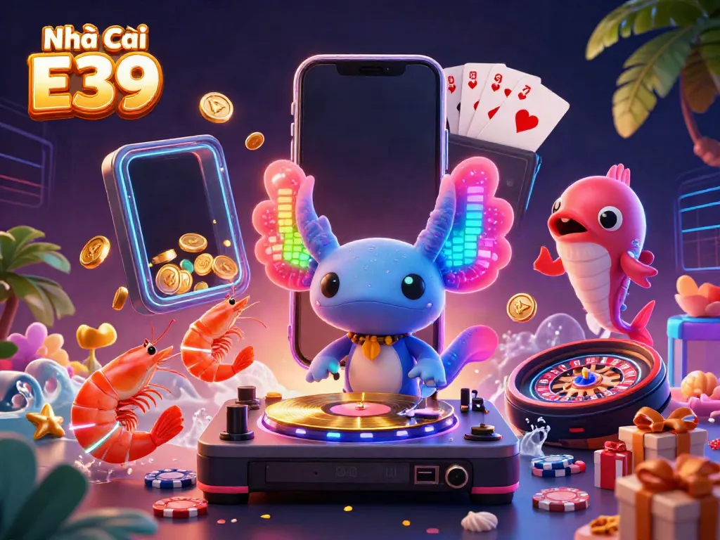 Nhà Cái E39 giới thiệu sảnh game sống động với DJ, tôm nhảy múa và cá bơi.