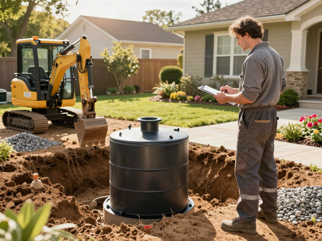 Corona septic tank service installation process with technician and homeowner in backyard