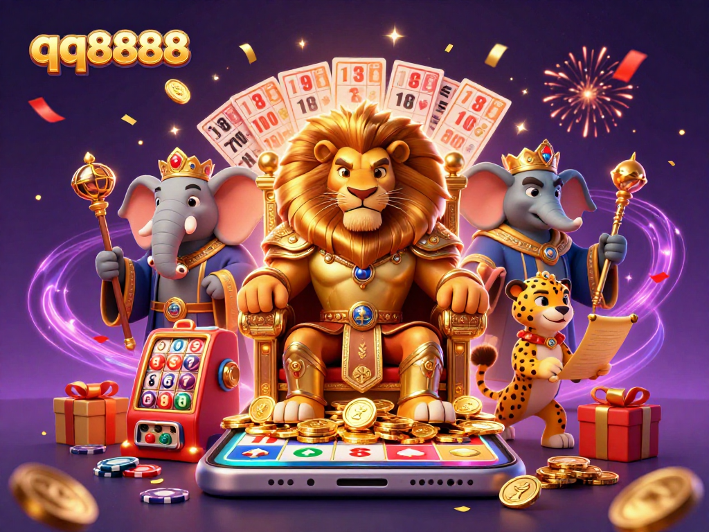 Experience thrilling lotteries with qq8888 as a lion king presides over festive gaming elements.