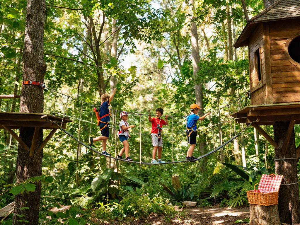 Children crossing a rope bridge between treehouses, surrounded by greenery and adventure.