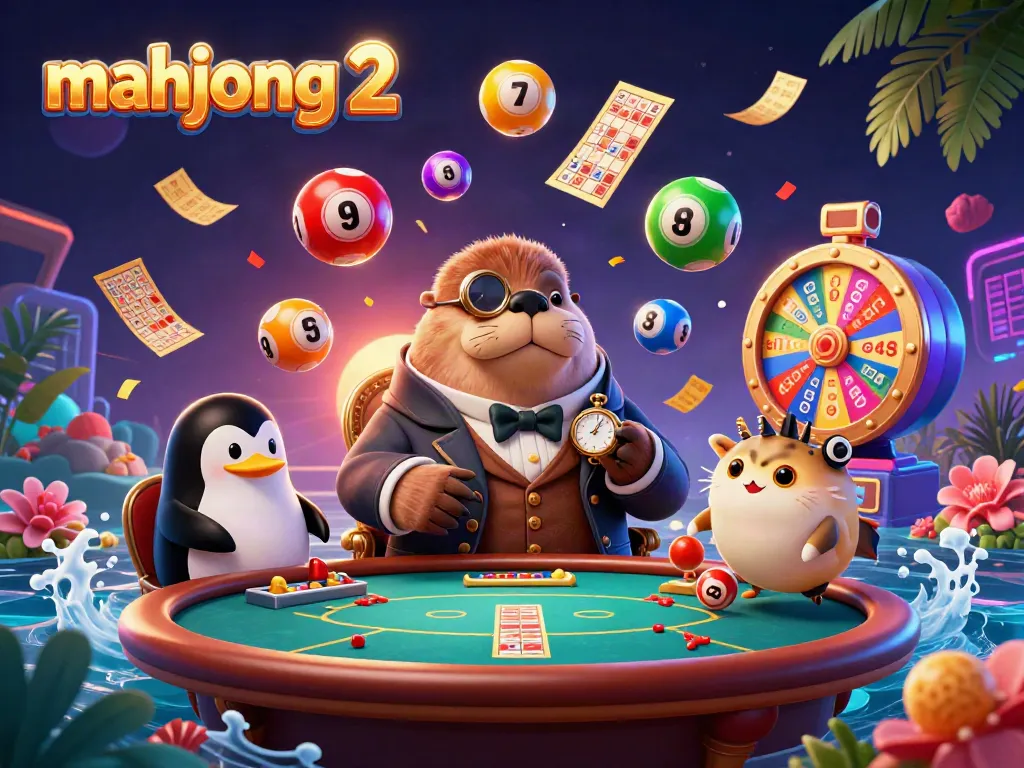 Experience the vibrant action of mahjong 2 with a jolly walrus and pals in a lively casino setting.