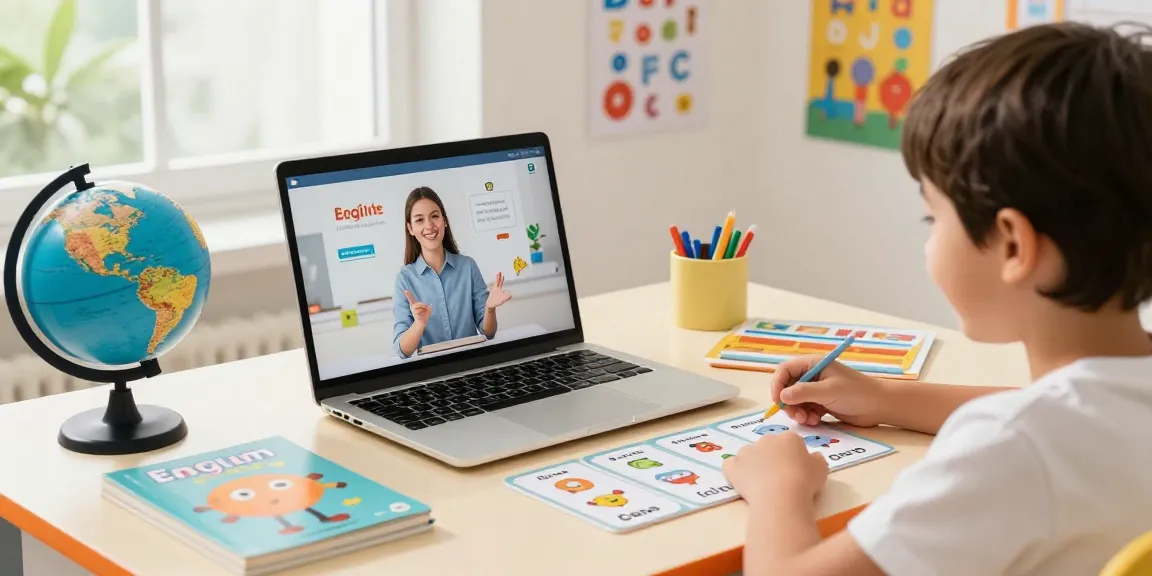 Fun and interactive online English lessons for kids with a smiling child learning from a tutor.