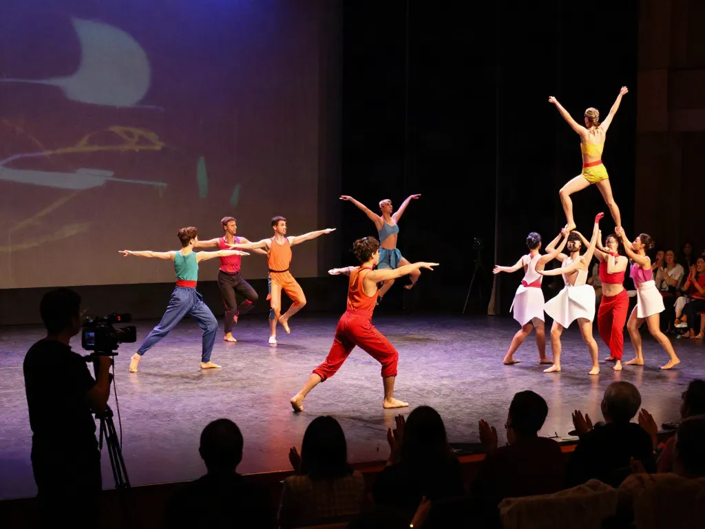 Kinetic Synergy Dance Company performers captivating the audience with dynamic choreography at an evening show.