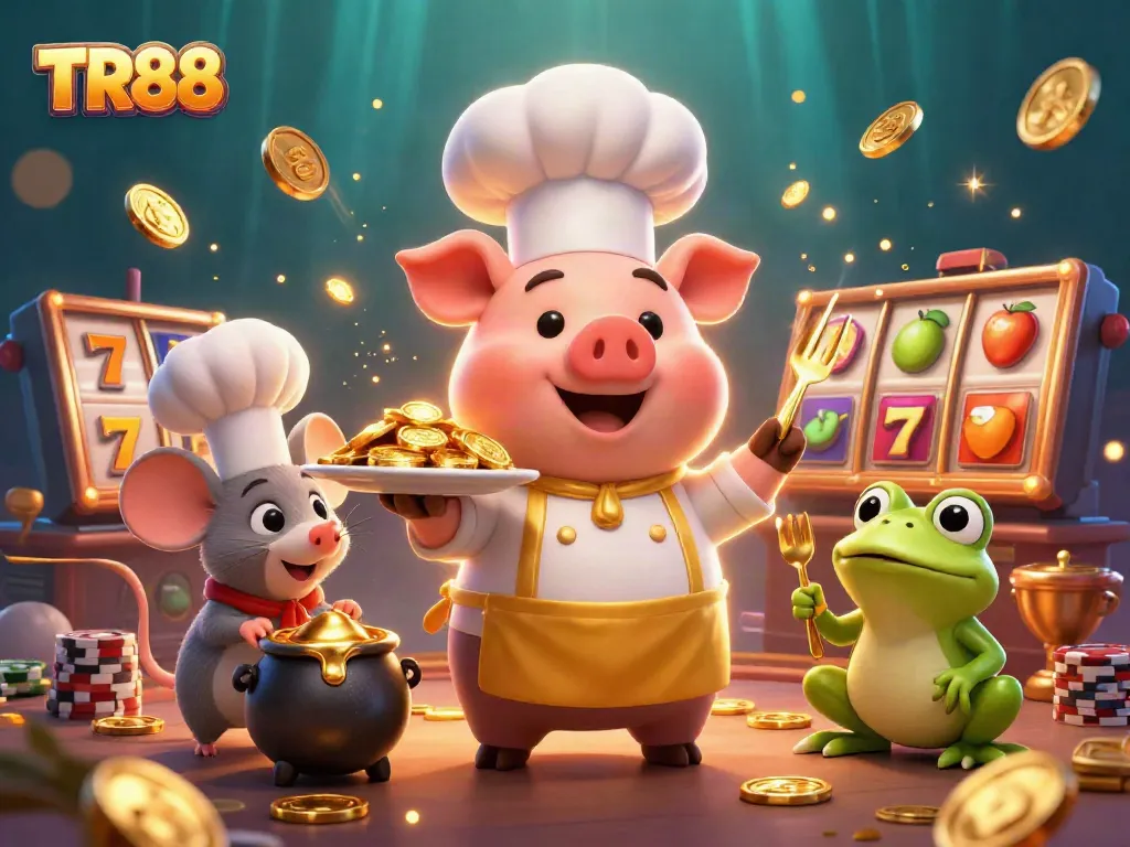 Engage with TR88's thrilling casino adventure, featuring colorful slot reels and gold coins.